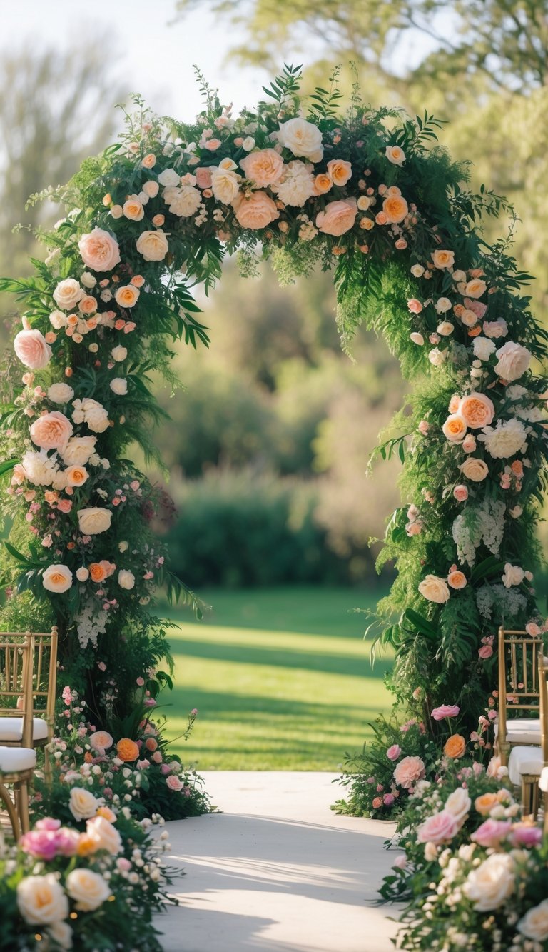 A wedding arch decorated with seasonal flowers and greenery set outdoors in a garden.
